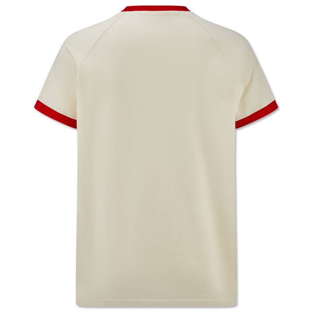 weiße Rückseite des VfB T-Shirts Ringer 70s Kollektion mit roten Rändern an Ärmeln und Kragen