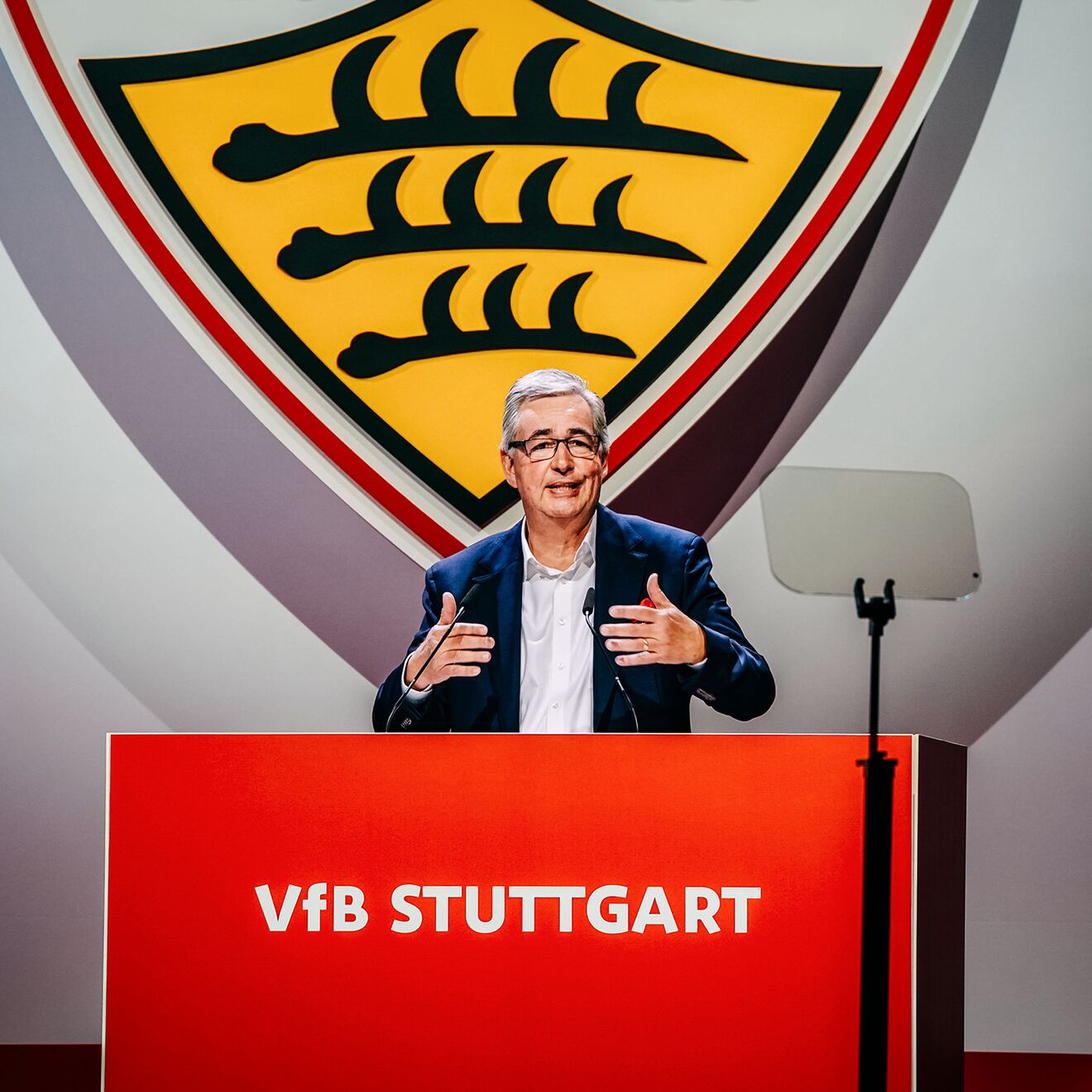 Ein Redner spricht bei der VfB-Mitgliederversammlung am Podium. Im Hintergrund ist das große VfB-Logo sichtbar.