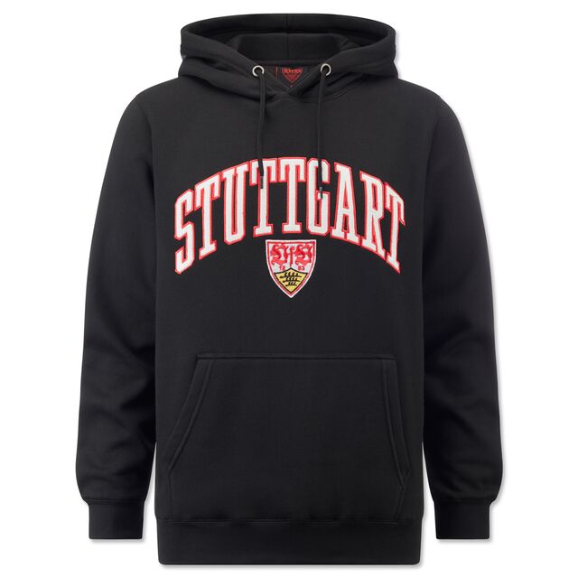 schwarzer Hoodie mit Kängurutaschen mit VfB Wappen und Aufschrift Stuttgart im College Look