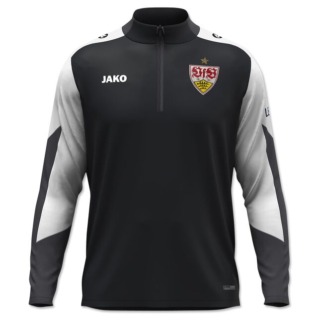 Ziptop in schwarz mit weißen Ärmeln, Jako Logo und VfB Wappen auf der Brust 