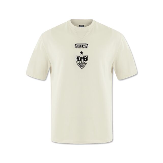 T-Shirt in beige mit schwarzem JAKO Logo und drunter VfB Wappen mit Stern 