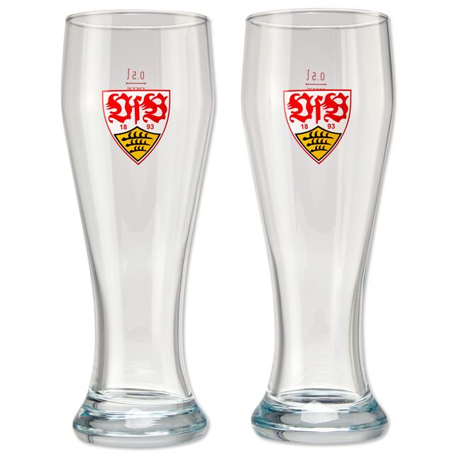 zwei Weizenbiergläser mit VfB Wappen