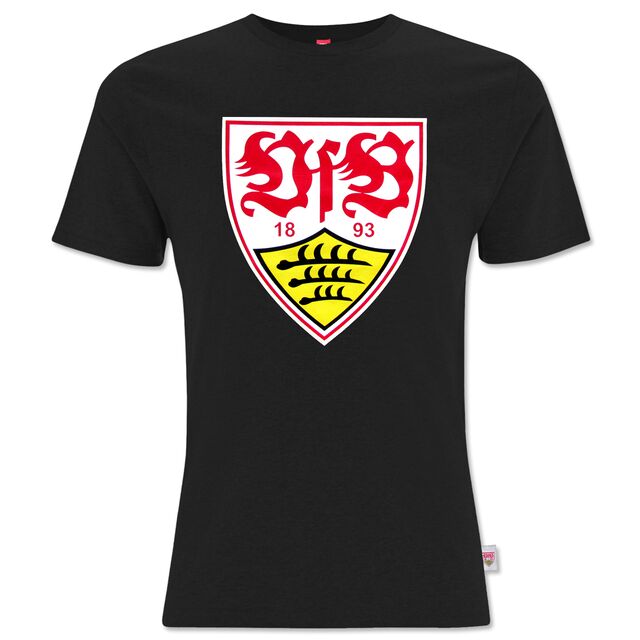 schwarzes T-Shirt mit Damenschnitt mit großem VfB Wappen
