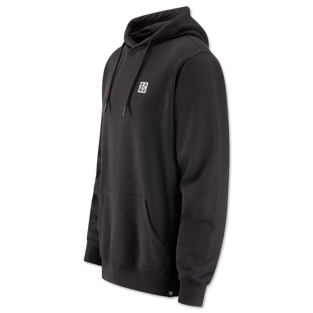 schwarzer Hoodie mit weißem Criss Cross Symbol auf der Brust