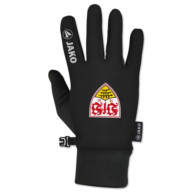schwarzer Funktionshandschuh mit VfB Wappen und JAKO Logo auf der Außenseite