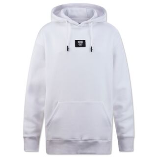 weißer Hoodie mit kleinem schwarzen VfB Wappen auf der Vorderseite