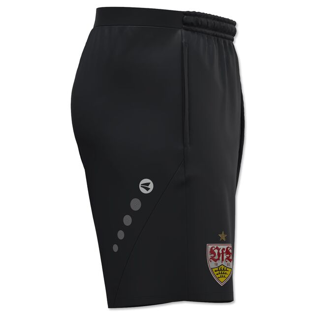 Seitenansicht der schwarzen Trainingsshorts mit VfB Wappen und JAKO Punkten