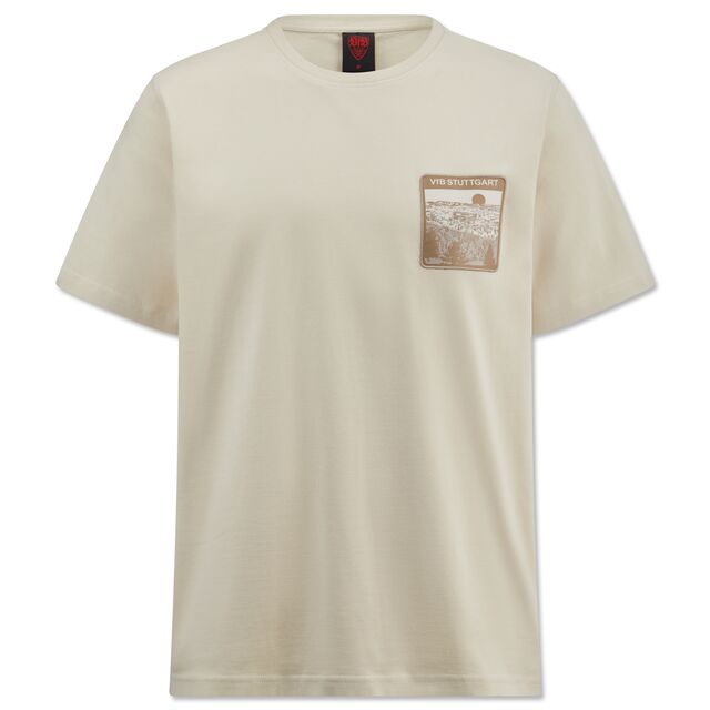 beigefarbenes T-Shirt mit beigefarbener Grafik von Stuttgart auf der Brust