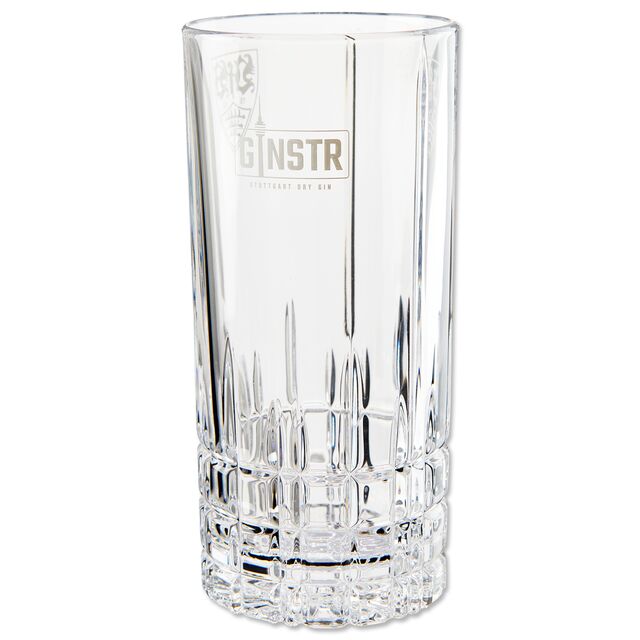 Glas mit transparentem VfB Wappen und GINSTR Schriftzug