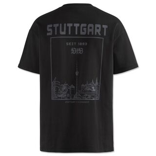 schwarze Rückseite des T-Shirts mit Grafik des Stadtbilds von Stuttgart mit der Aufschrift Stuttgart