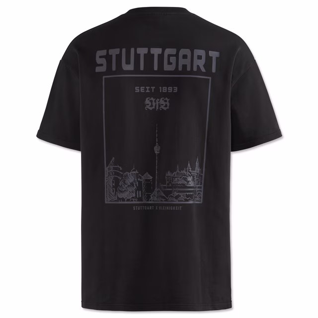schwarze Rückseite des T-Shirts mit Grafik des Stadtbilds von Stuttgart mit der Aufschrift Stuttgart