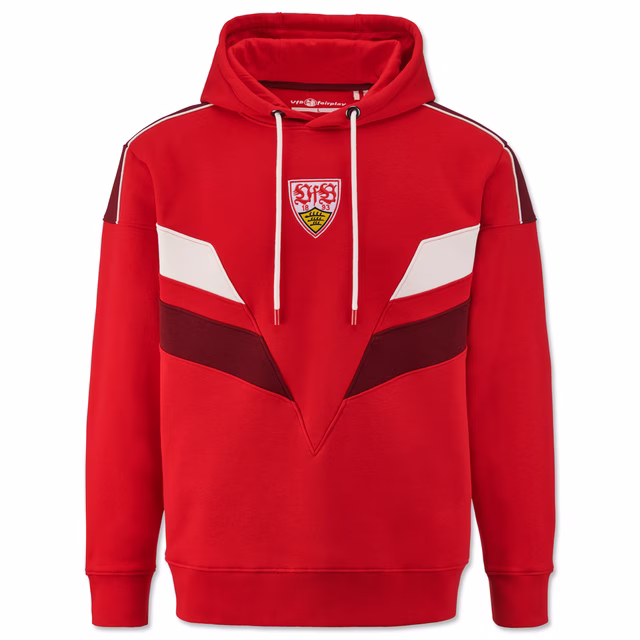 roter Hoodie mit dunkelroten und weißen Details sowie VfB Wappen auf der Vorderseite