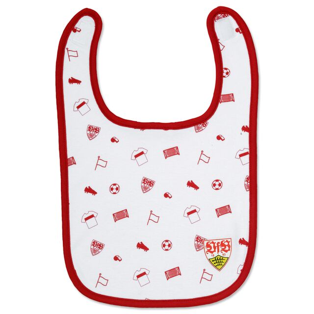 weißes Lätzchen mit roten VfB- und Fußballmotiven