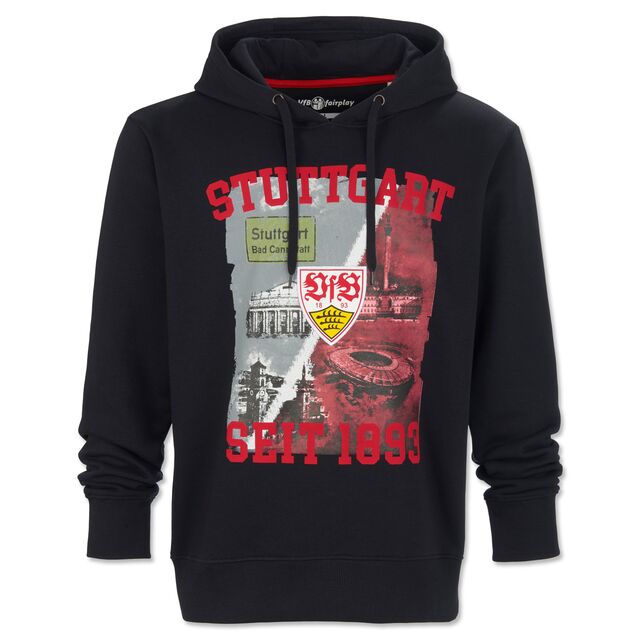 schwarzer Hoodie mit Grafik von Sehenswürdigkeiten aus Stuttgart und dem Stadion mit der Aufschrift Stuttgart seit 1893
