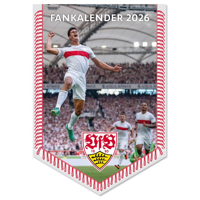 Fankalender 2026 in Form eines Banners mit Foto von jubelnden VfB Spielern