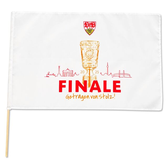 weiße Fahne mit Grafik des DFB Pokals und der Skyline von Stuttgart mit der Aufschrift Finale Getragen von Stolz