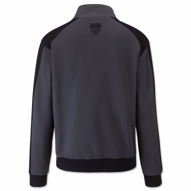 dunkelgraue Rückseite der Jacke mit schwarzem VfB Wappen im Nacken