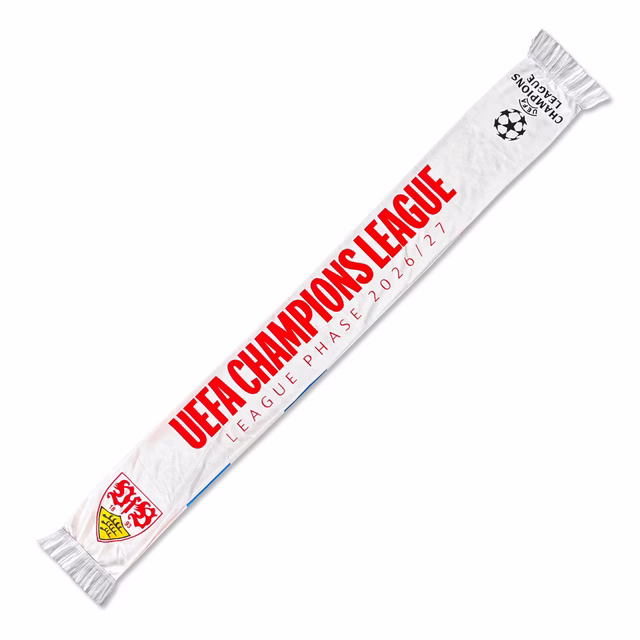 weißer Schal mit VfB Wappen, Champions League Wappen und der Aufschrift UEFA Champions League League Phase 2026/27