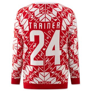 rot-weiße Rückseite des Ugly Christmassweaters mit Rückkennummer 24 und Name Trainer