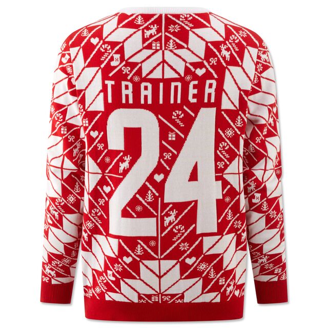 rot-weiße Rückseite des Ugly Christmassweaters mit Rückkennummer 24 und Name Trainer
