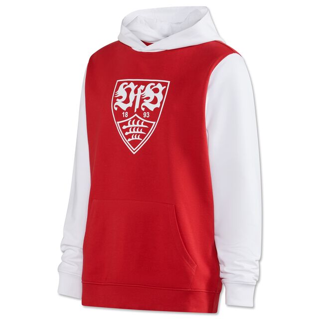 roter Hoodie mit weißen Ärmeln, weißer Kapuze und weißem VfB Wappen auf der Brust