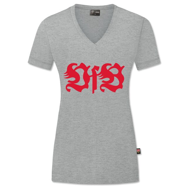 graues T-Shirt mit Damenschnitt mit großem roten VfB Schriftzug