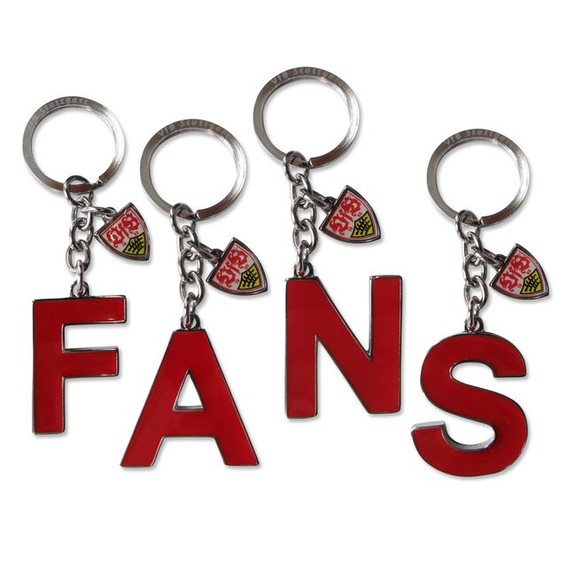 vier Schlüsselanhänger mit dem Wort FANS aus einzelnen Buchstaben