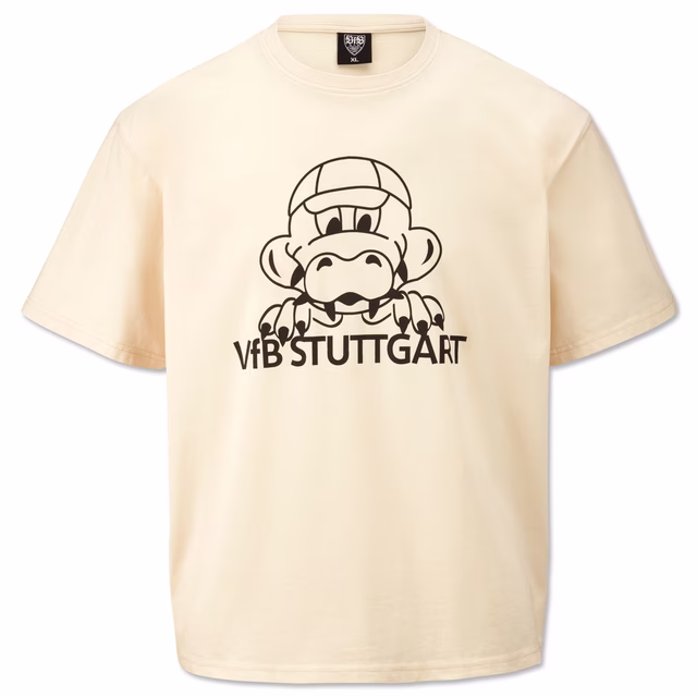 Beiges T-Shirt mit schwarzem Fritzle Print und Schriftzug VfB Stuttgart in der Mitte 