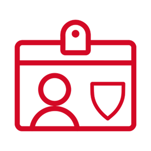 Rotes Symbol eines Ausweises mit stilisierter Person und Schild-Symbol. Dargestellt in klarer Linienform auf transparent kariertem Hintergrund