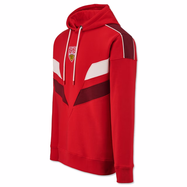 roter Hoodie mit dunkelroten und weißen Details sowie VfB Wappen auf der Vorderseite