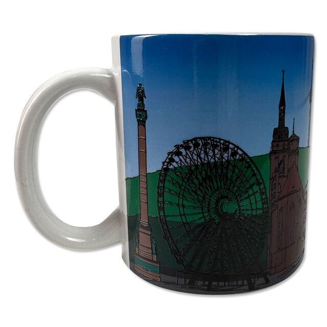 Tasse mit Grafiken von Stuttgarter Sehenswürdigkeiten und VfB Wappen 