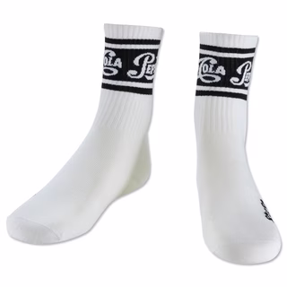 Weiße Socken mit schwarzen Akzenten und Schriftzug Pepsi Cola sowie Schriftzug VfB 