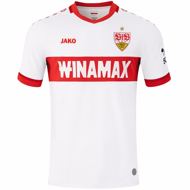 weißes Trikot mit roten Elementen, Winamax im Brustring und VfB Wappen auf der Brust