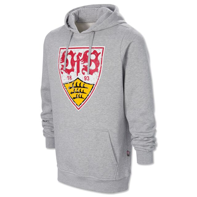 grauer Hoodie mit Kängurutaschen und VfB Wappen im Used Look