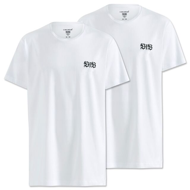 zwei weiße T-Shirts mit schwarzem VfB Logo auf der Brust