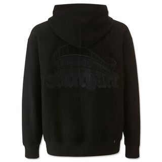 schwarze Rückseite der Jacke mit großer schwarzer Grafik des Stadions und dem Schriftzug Stuttgart