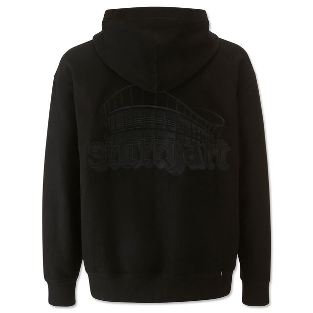 schwarze Rückseite der Jacke mit großer schwarzer Grafik des Stadions und dem Schriftzug Stuttgart