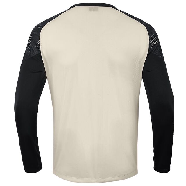 beigefarbene Rückseite des Longsleeves mit schwarzen Ärmeln