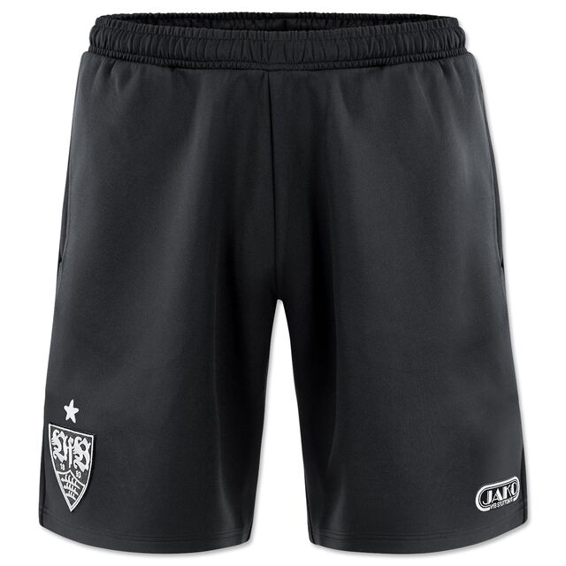 schwarze Shorts mit weißem VfB Wappen auf einem Bein und JAKO Logo auf dem anderen Bein