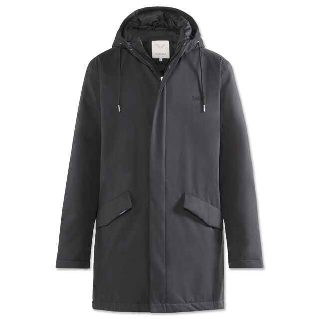 schwarzer Parka mit Reißverschluss, Seitentaschen und VfB Logo auf der Brust