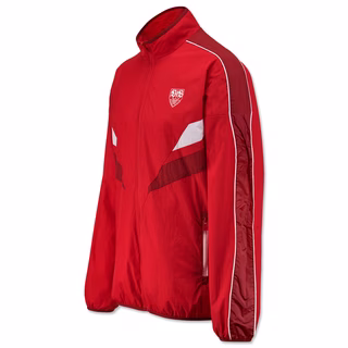 rote Jacke im Retro-Stil mit weißen Details und VfB Wappen auf der Brust