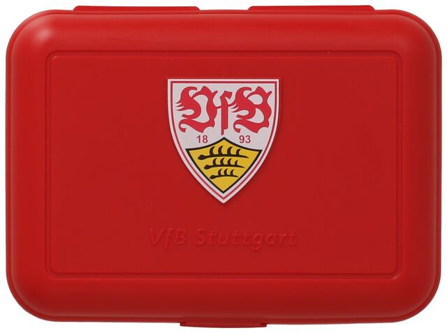 rote Brotdose mit VfB Wappen und der Aufschrift VfB Stuttgart