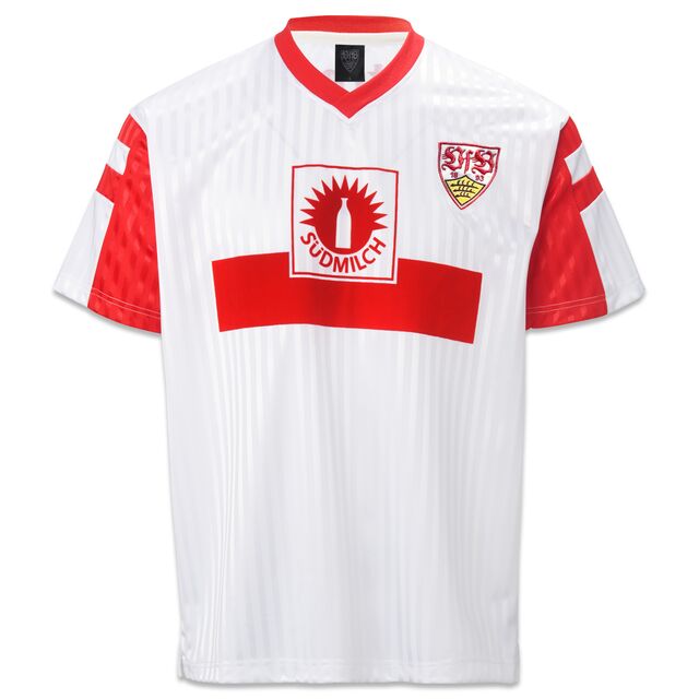 weißes Trikot mit roten Elementen, VfB Wappen und Südmilch Logo auf der Vorderseite
