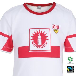 weißes T-Shirt mit rotem Brustring, Südmilch Wappen mit Aufschrift Muttermilch und VfB Wappen