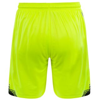 neongelbe Rückseite der VfB Torwartshorts 25/26 mit schwarzem Stäffele Muster am unteren Rand