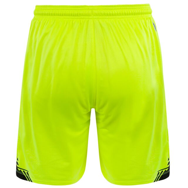 neongelbe Rückseite der VfB Torwartshorts 25/26 mit schwarzem Stäffele Muster am unteren Rand