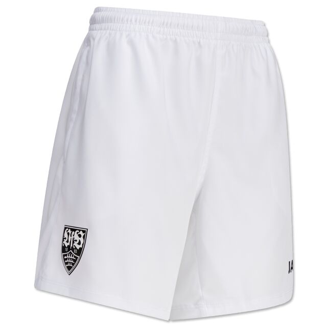 weiße Tennisshorts mit schwarzem VfB Wappen auf einem Bein und JAKO Schriftzug auf dem anderen Bein