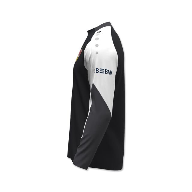 Seitenansicht des schwarz-weißen Trainingslongsleeves mit LBBW auf dem Ärmel