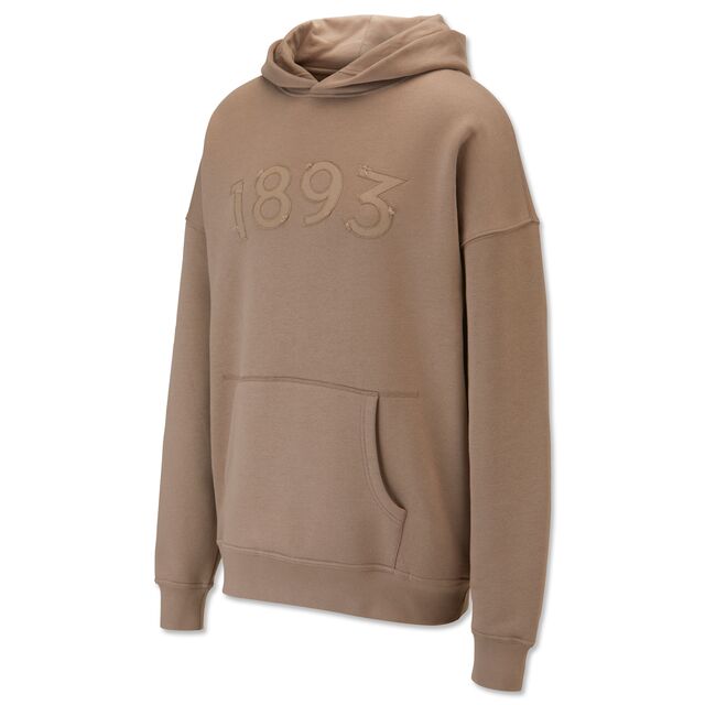 beigefarbener Hoodie mit Kängurutaschen und großer Aufschrift 1893