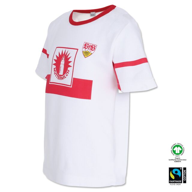 weißes T-Shirt mit rotem Brustring, Südmilch Wappen mit Aufschrift Muttermilch und VfB Wappen